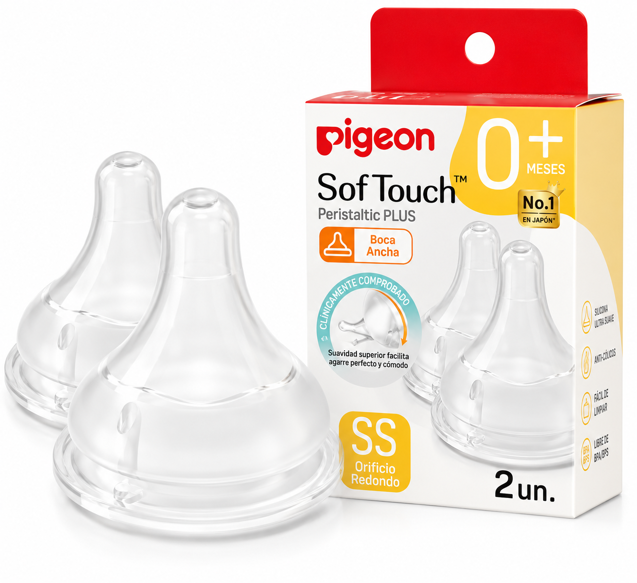 Tetinas Pigeon SofTouch Boca Ancha SS 0M+ | Pack 2 Repuestos Originales