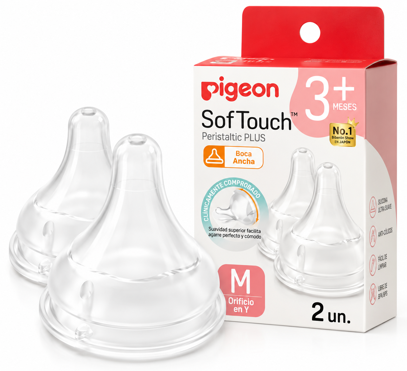Tetinas Pigeon SofTouch Boca Ancha M 3M+ | Pack 2 Repuestos Originales