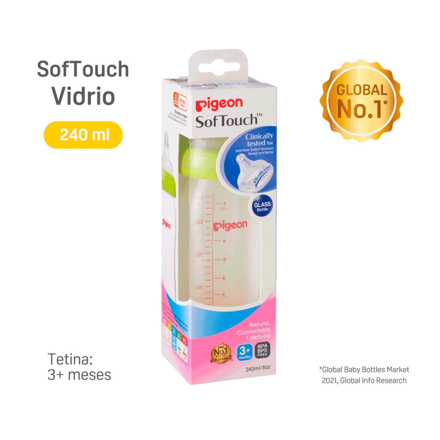 Mamadera Biberón Anti-cólicos Pigeon SofTouch Vidrio 240 ml | Boca Ancha | 3+ Meses