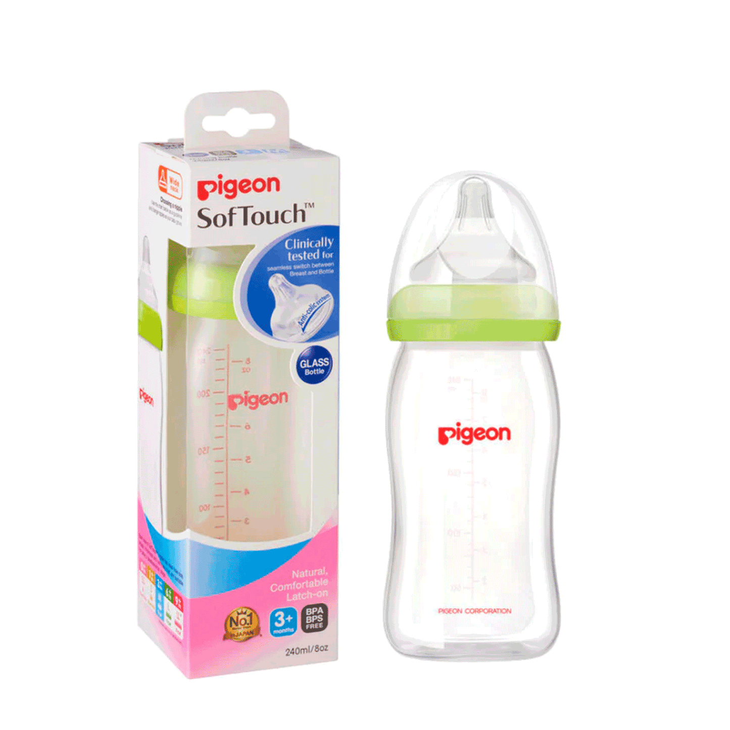Mamadera Biberón Anti-cólicos Pigeon SofTouch Vidrio 240 ml | Boca Ancha | 3+ Meses