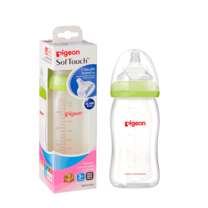 Mamadera Biberón Anti-cólicos Pigeon SofTouch Vidrio 240 ml | Boca Ancha | 3+ Meses