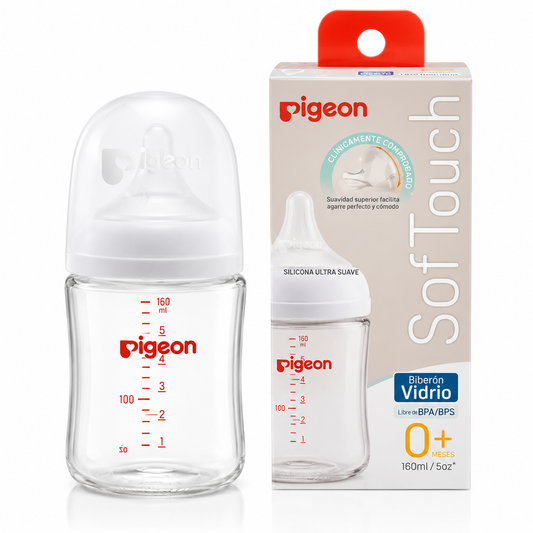 Mamadera Vidrio Softouch Boca Ancha 160ml Edad0+m Pigeon