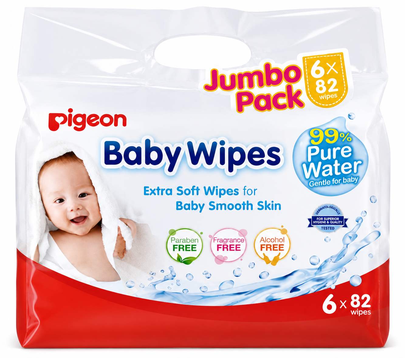 Toallitas Húmedas Pigeon 99% Agua Pura para Bebé Pack 6 x 82 Unidades