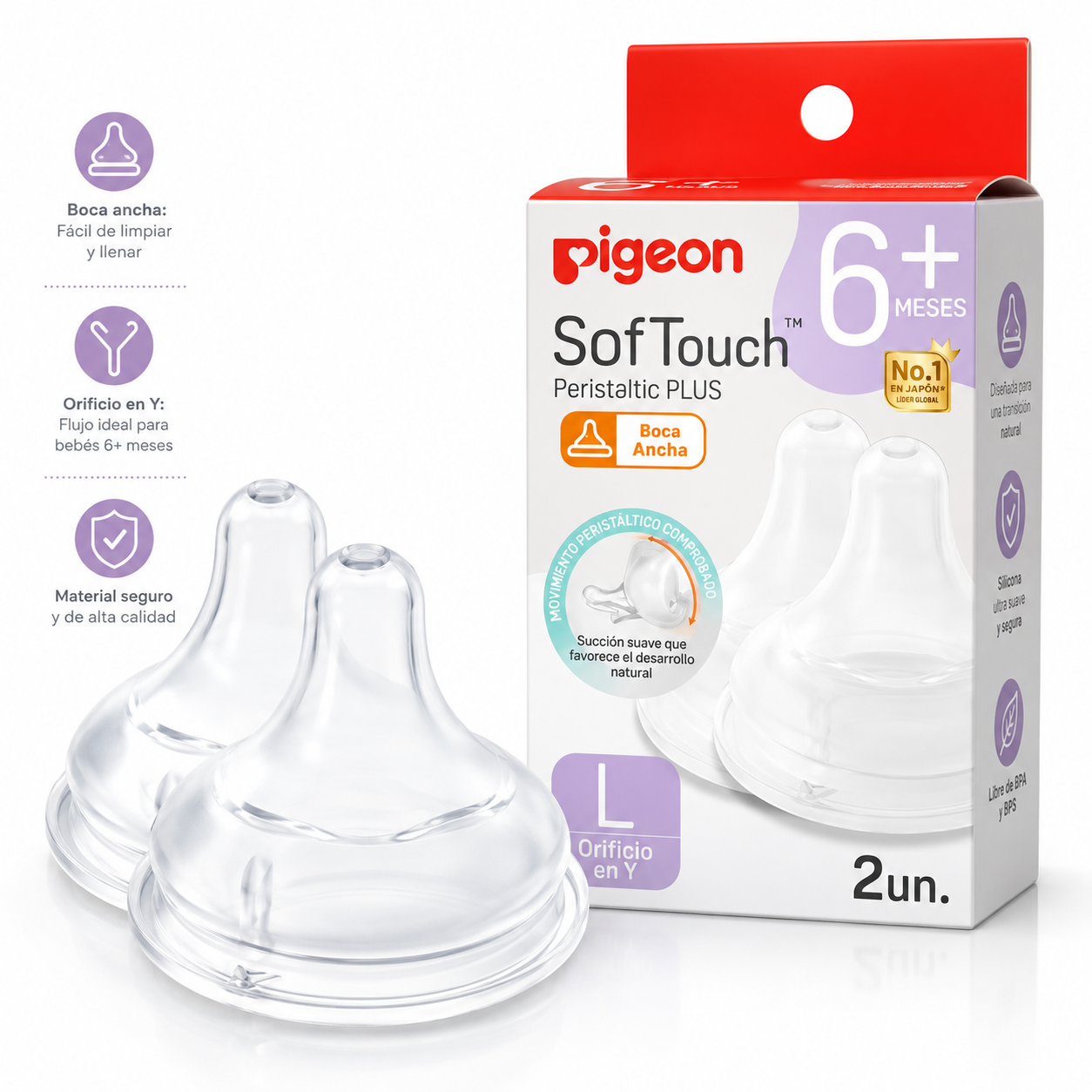 Tetinas Pigeon SofTouch Boca Ancha Talla L 6M+ | Pack 2 Repuestos