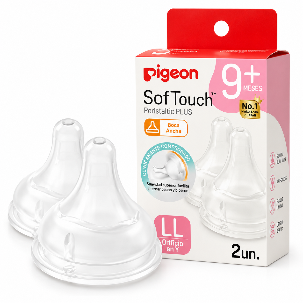 Tetinas Pigeon SofTouch Boca Ancha LL 9M+ | Pack 2 Repuestos Originales